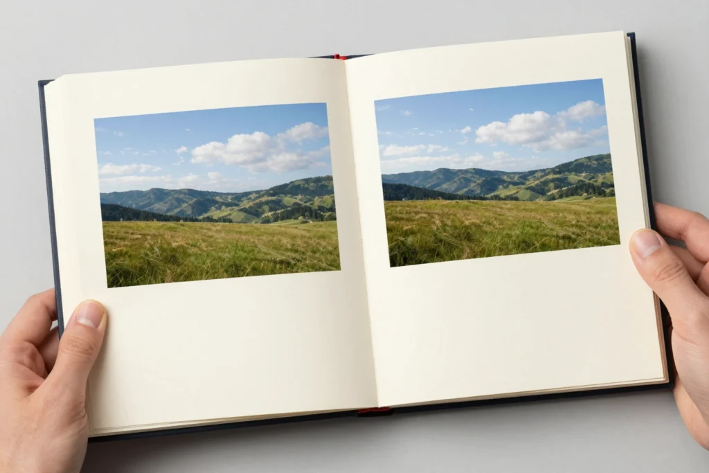 Otevřené album se dvěma krajinnými fotografiemi.
