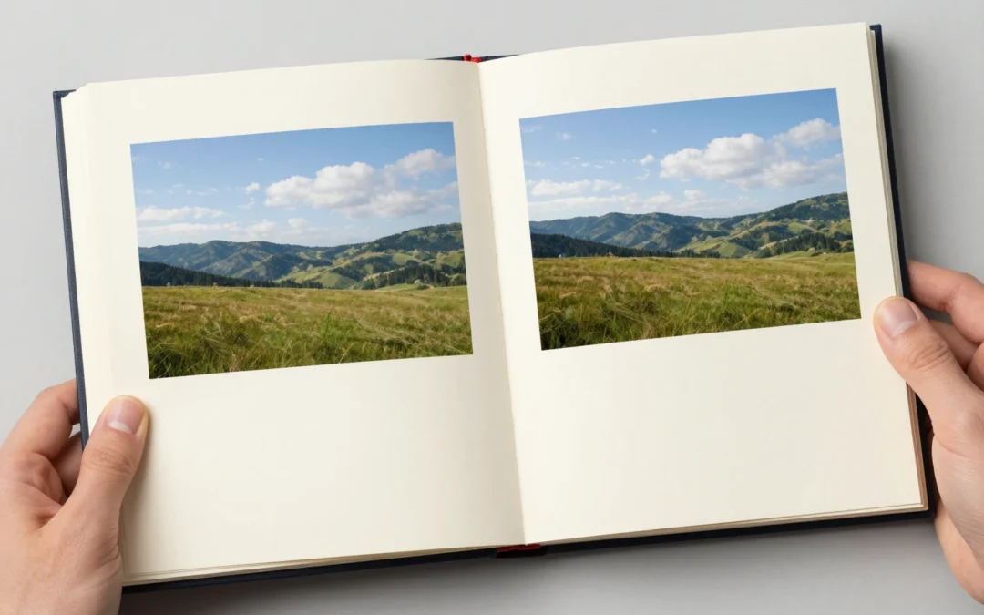 Otevřené album se dvěma krajinnými fotografiemi.