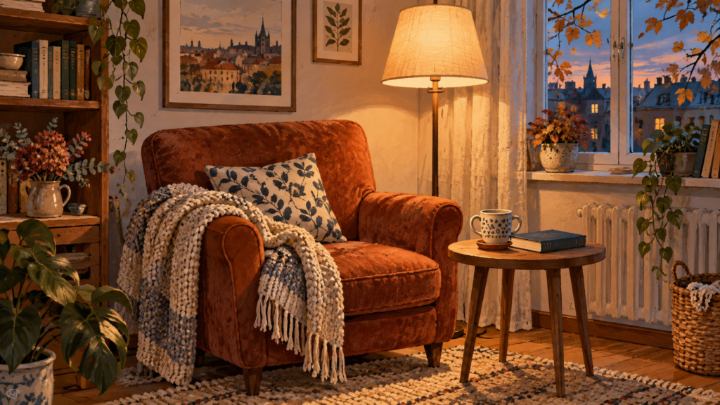 Ilustrace podzimního čtecího koutku s křeslem, dekou, knihou a hrnkem pod rozsvícenou lampou.